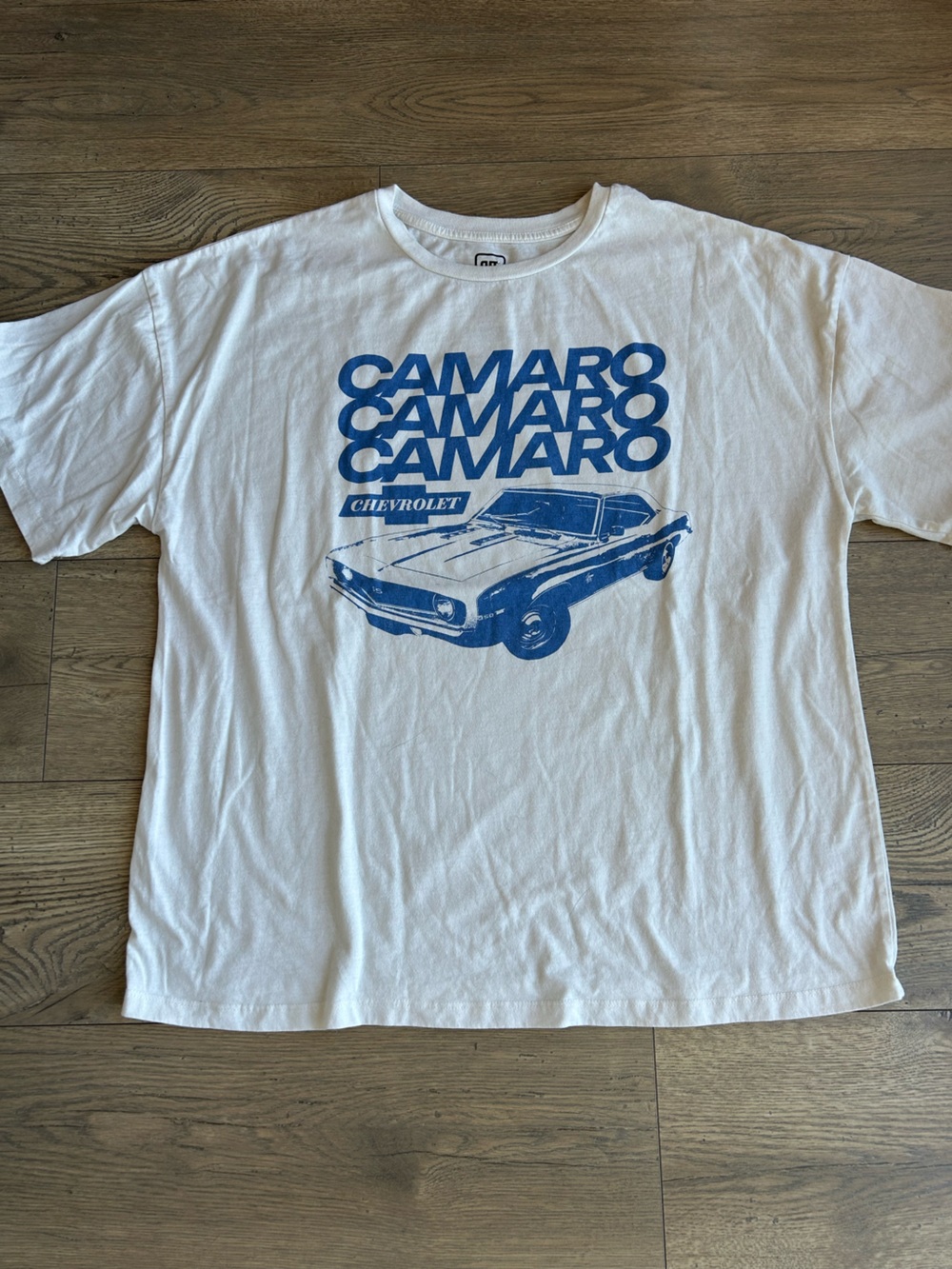 Genuine Merchandise White T-Shirt with Blue Camaro Graphic
